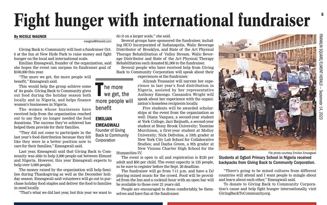 HERALD PUBLICATION: FIGHT HUNGER WITH INTERNATIONAL FUNDRAISER
