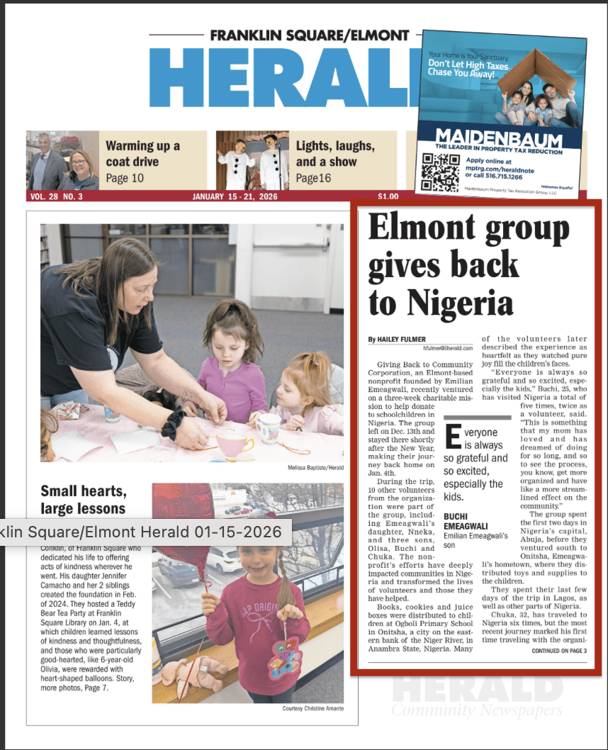 HERALD PUBLICATION: Elmont group gives back to Nigeria; The nonprofit that serves beyond Elmont